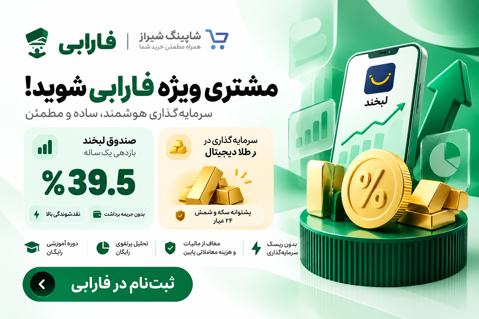 خدمات سرمایه‌گذاری فارابی برای مشتریان شاپینگ شیراز؛ صندوق لبخند و سرمایه‌گذاری در طلا دیجیتال