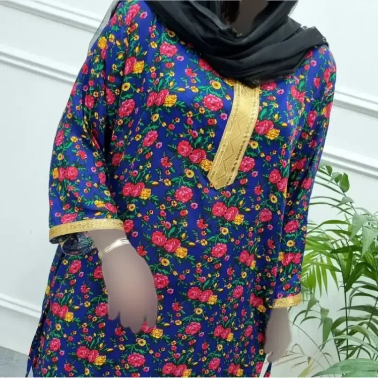 پیراهن ساحلی گلدار یقه طلا کوب جنس سوپر نخ اعلا فری سایز