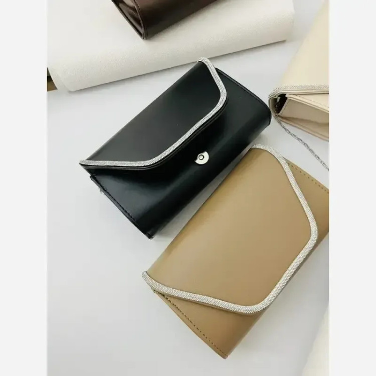 کیف مجلسی نگین کاری شده دور نگین با بند دوشی زنجیری رنگ موکا مشکی نسکافه ای شکلاتی