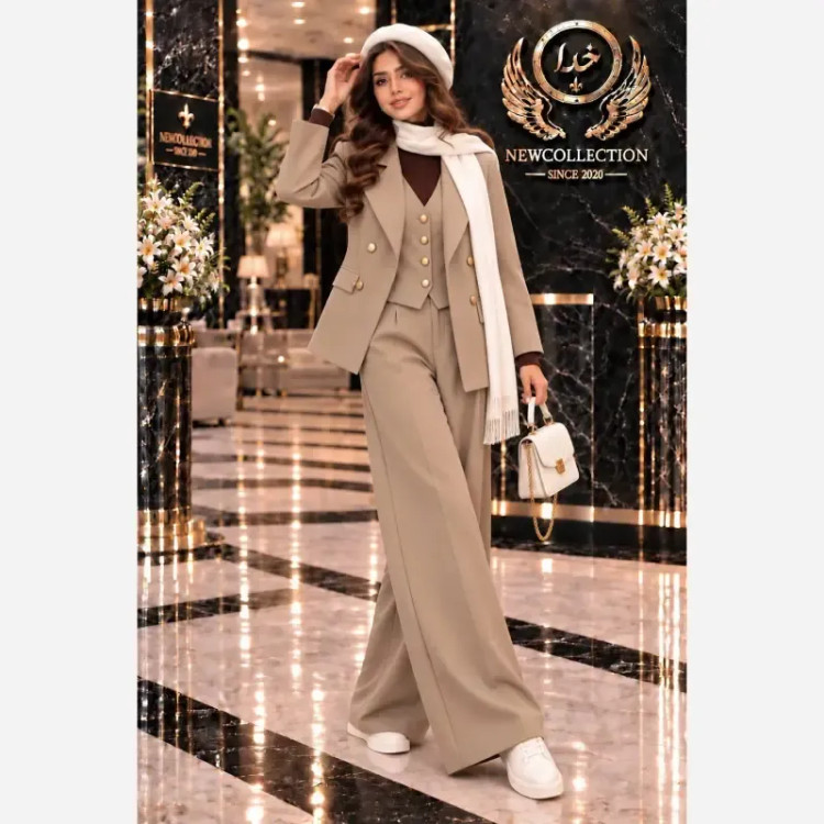 ست سه تیکه پاییزه کلمبیایی کت و جلیقه و شلوار سوپرمازراتی اعلا مشکی نسکافه ای فری سایز