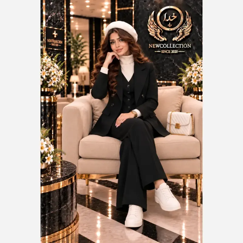 ست سه تیکه پاییزه کلمبیایی کت و جلیقه و شلوار سوپرمازراتی اعلا مشکی نسکافه ای فری سایز