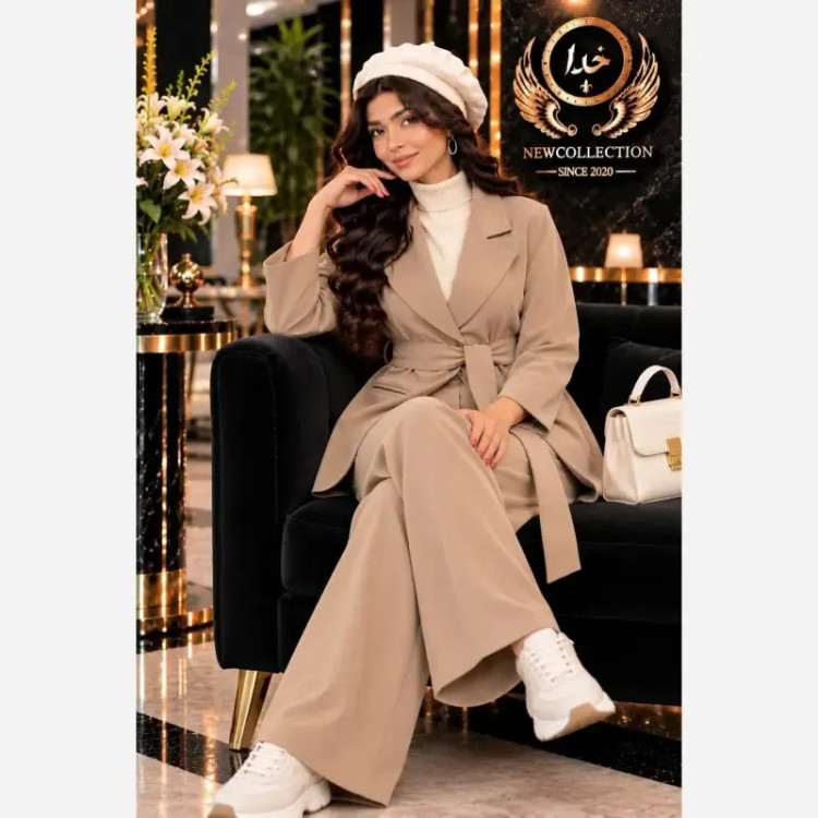 کت و شلوار زنانه ملکه جنس سوپر مازراتی اعلا بگ رنگ مشکی و کرم