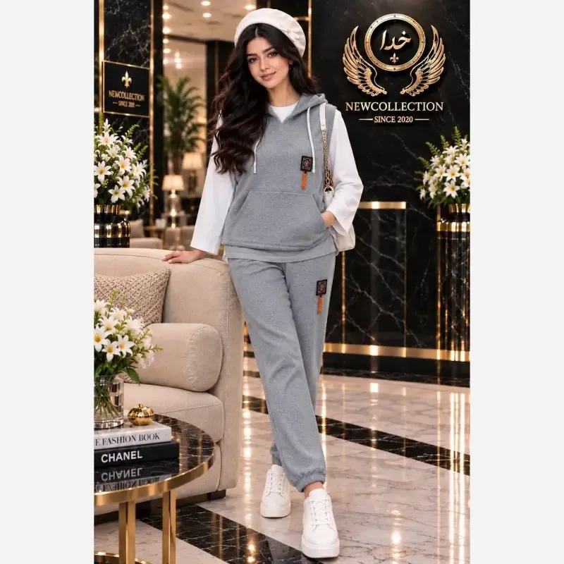 سه تیکه پاییزه زنانه جنس گلکسی اعلا رنگ طوسی سایز فری