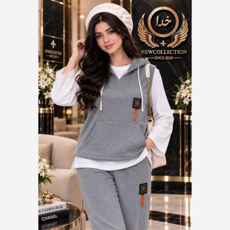 سه تیکه پاییزه زنانه جنس گلکسی اعلا رنگ طوسی سایز فری