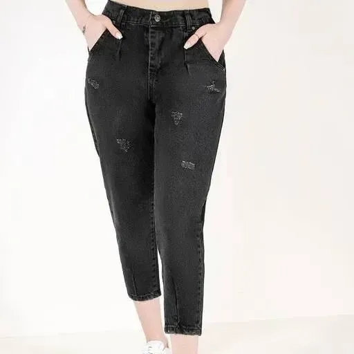 شلوار مام فیت جین زنانه قد 90 رنگ ذغالی و مشکی سایز 40 تا 44