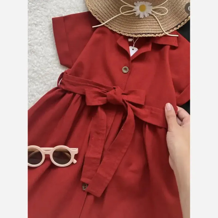 پیراهن لینن دخترانه مدل طنین آجری و سبز یشمی سایزبندی 2 تا 7 سال