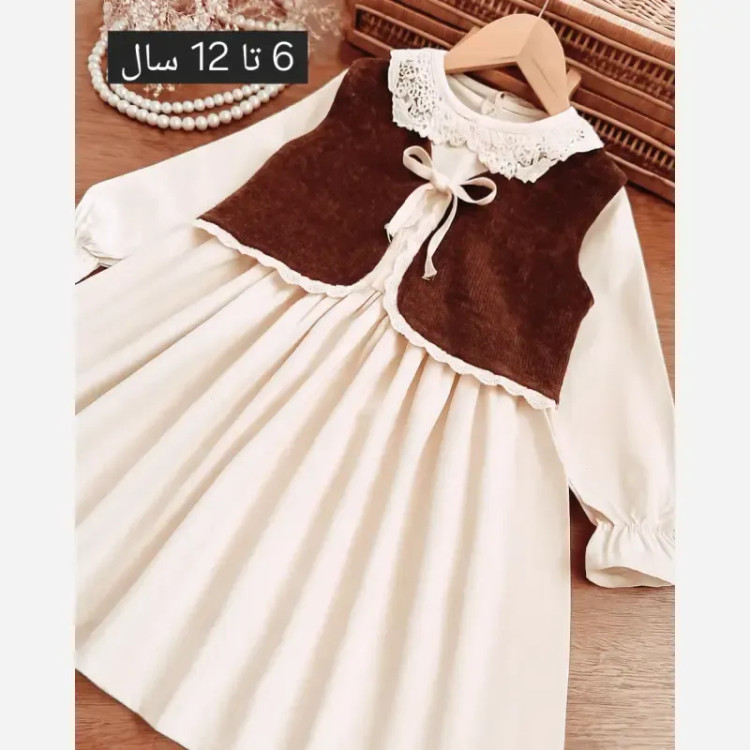 سارافون کت دخترانه رسپینا پیراهن کتان و رویه بافت ترک رنگ نچرال و قهوه ای سایز 6 تا 12 سال