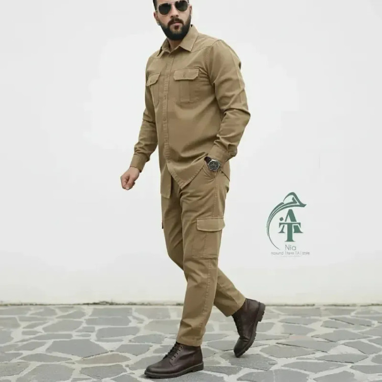ست پیراهن و شلوار کتان مردانه مدل یاشیل رنگ خاکی