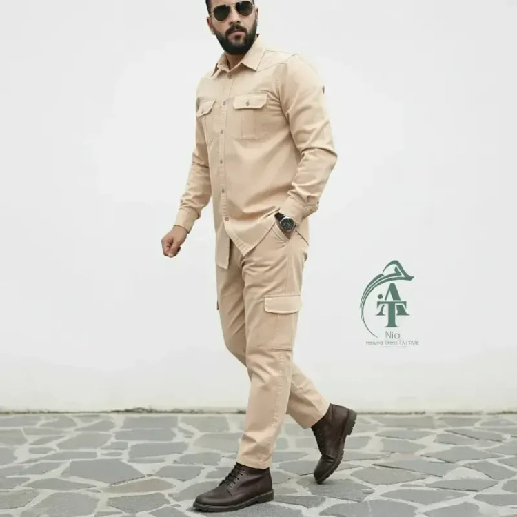 ست پیراهن و شلوار کتان مردانه مدل یاشیل رنگ نخودی