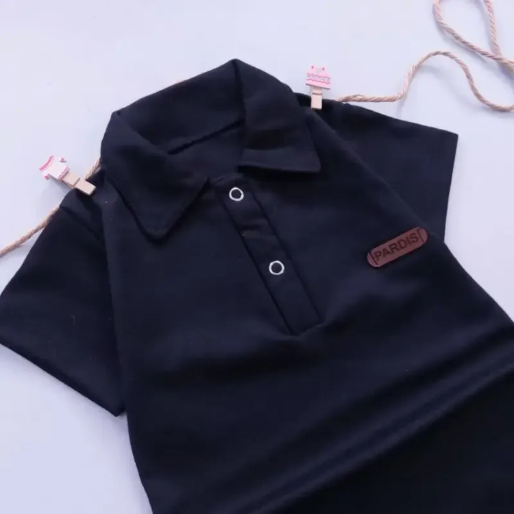رامپر مشکی نوزادی پسرانه یقه دار سرهمی نخی پنبه نرم سایز 1 تا 18 ماه