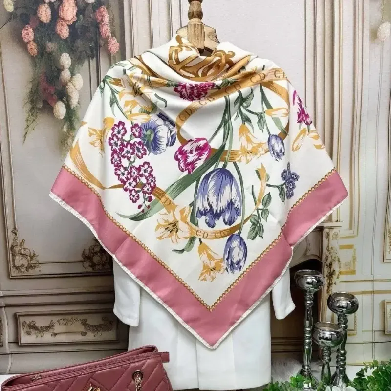 روسری ساتن قواره 140 طرح رزگلد آبی روشن