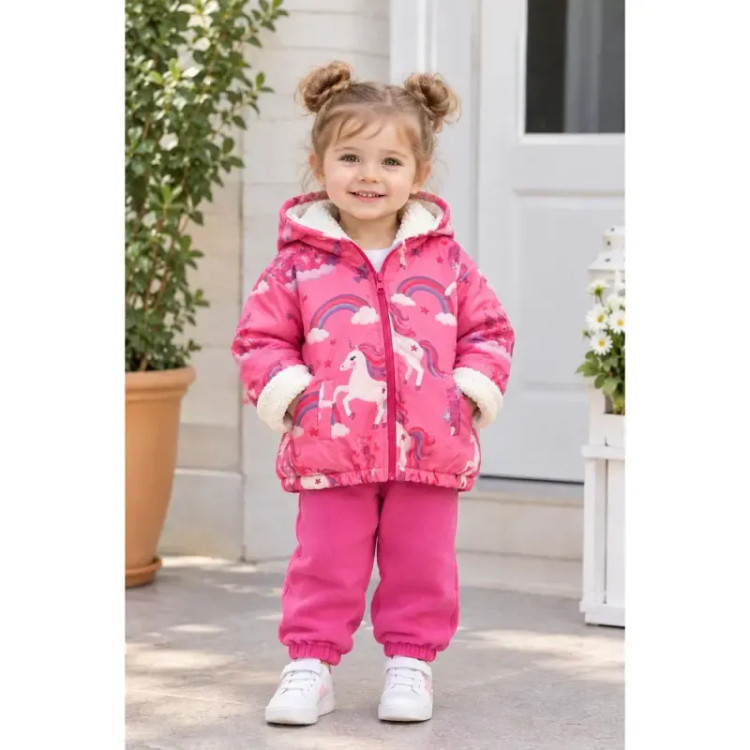 کاپشن دخترانه مموری ضد آب طرح تک شاخ داخل خز سرخابی 2 تا 7 سال